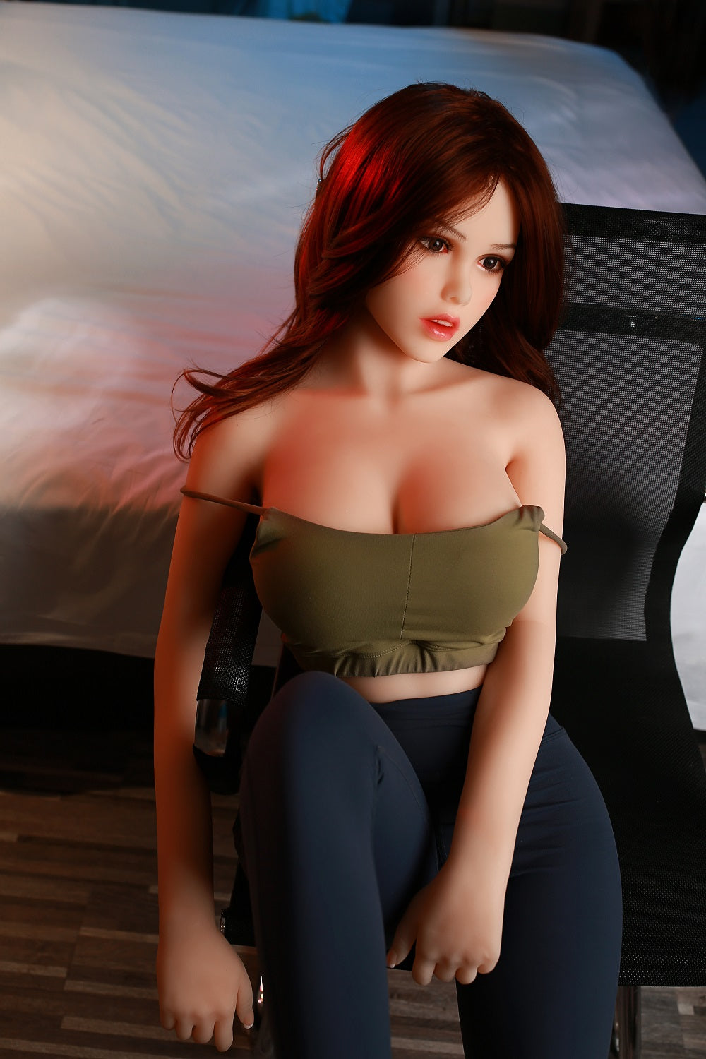 Beautiful woman with normal breasts and plump hips, resembling a lifelike chubby doll